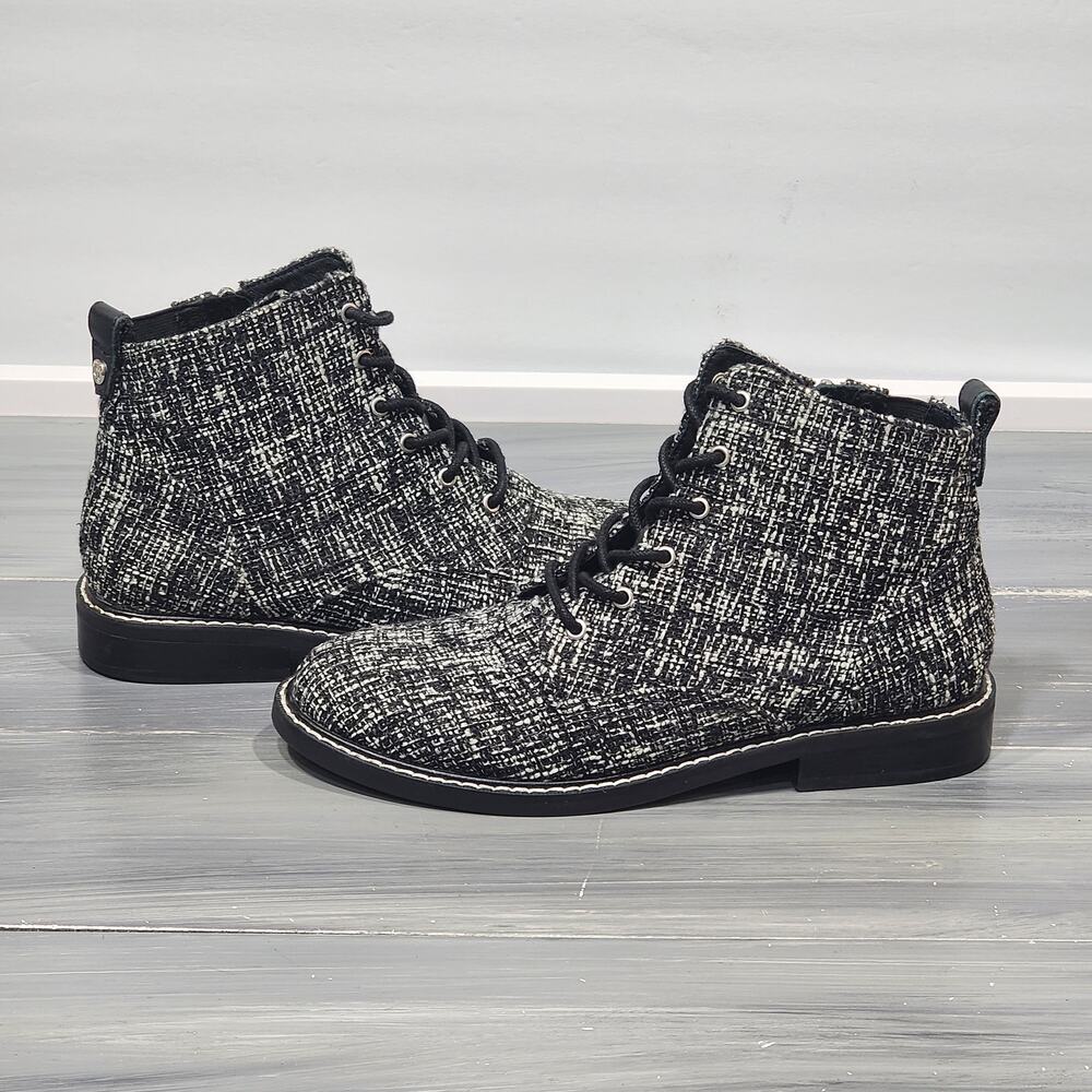 NYDJ Eileen Ankle Boots Black and White Tweed Lace Up Zip Closure Size 8